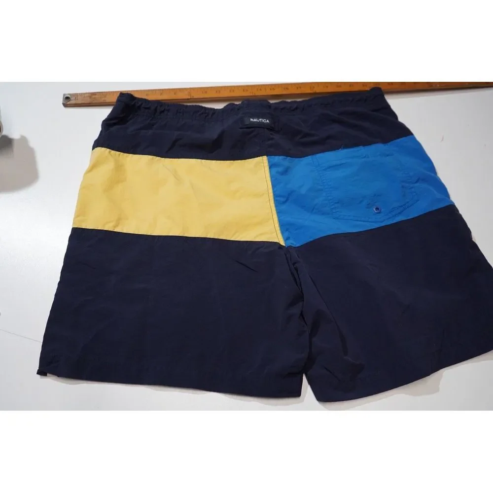 NAUTICA Mens Vintage Black Yellow Blue & White Color Block Lined Swim Shorts L